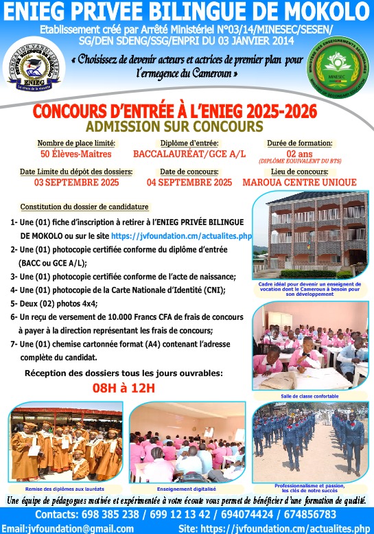 Informations concours d'entrée à l'ENIEG Privée Bilingue de Mokolo