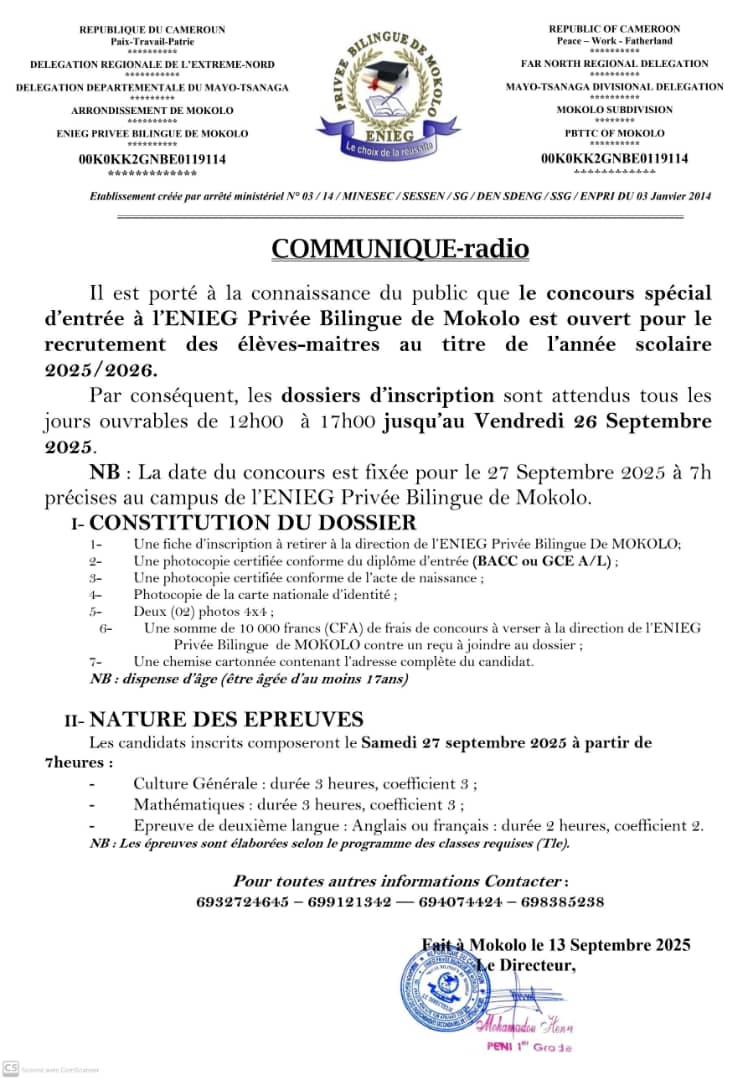 Avis concours spécial ENIEG PRIVÉE BILINGUE DE MOKOLO