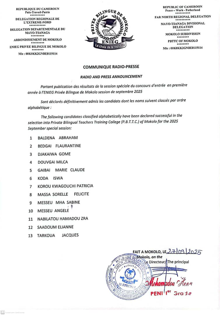 Résultats concours spécial ENIEG PRIVÉE BILINGUE DE MOKOLO