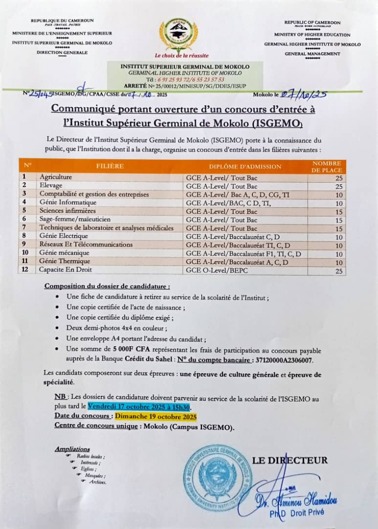 Avis de concours à l'institut supérieur germinal de Mokolo